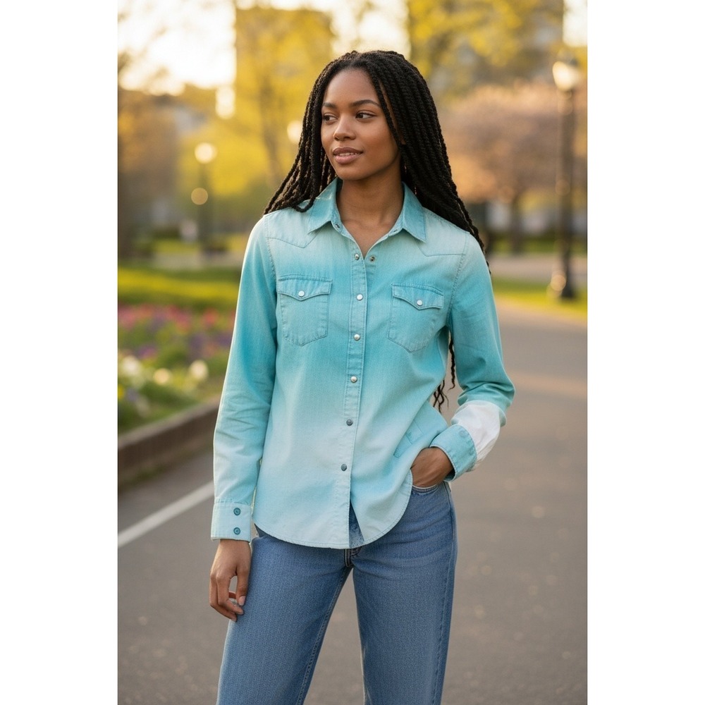 Cruel Girl Turquoise Ombre Western Snap Front Long Sleeve Shirt XL